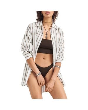 Vitamin A Playa Stripe Oversize Organic Cotton & Linen Cover-Up Shirt - Gray