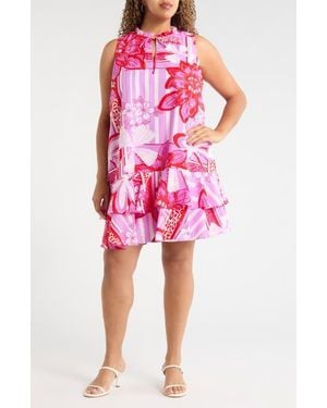 Sugarlips Barba Floral Print Sleeveless Ruffle Shift Dress - Pink
