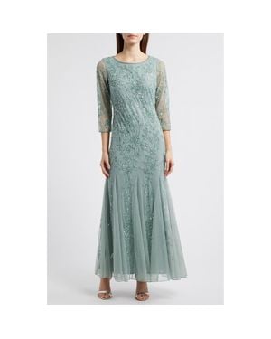 Pisarro Nights Floral Beaded Tulle Gown - Green