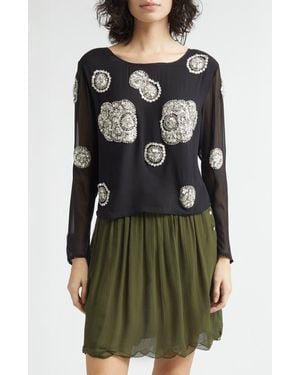 Bode Brooch Crystal Beaded Silk Georgette Top - Black