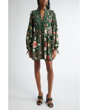 FARM Rio Pineapple Garden Long Sleeve Button Front Minidress - Green