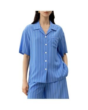 LILYSILK Amalfi Striped Cuban Collar Silk Shirt - Blue