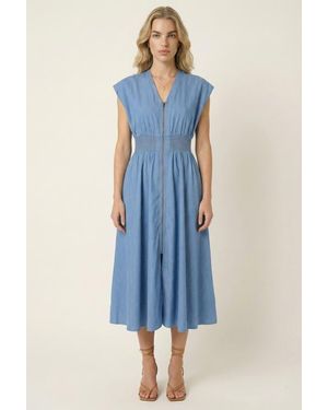 Modenaire Zip Front Midi Dress With Cap Sleeves And Smocked Waist - Blue