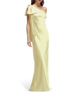 After Six Bow Detail One-Shoulder Stretch Satin Charmeuse Gown - Yellow