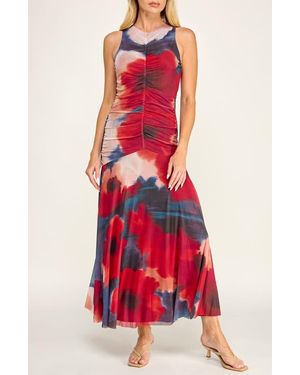 Socialite Ruched Mesh Midi Dress - Red
