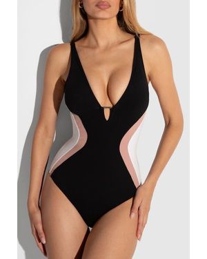 TA3 Mega Sculpting Plunge Neck Triangle Detail One Piece Swimsuit - Brown