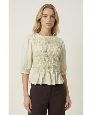 Modenaire Smocked Peplum Puff Sleeve Blouse - Natural
