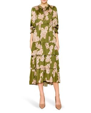 MELLODAY Floral Tiered Satin Midi Dress - Yellow