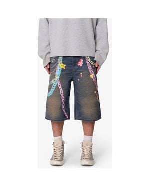 MNML Ultra Baggy Chain Print Denim Shorts - Gray