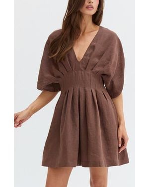 Crescent Pleated Linen Mini Dress - Brown