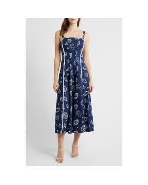 Moon River Shell Print Piped Cotton Midi Dress - Blue
