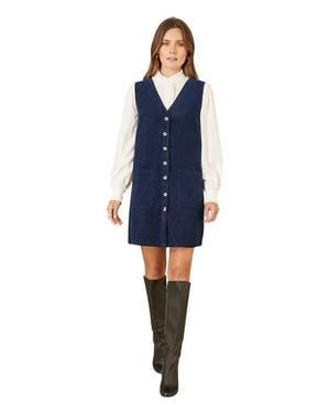 Yumi' V-Neck Cord Pinafore Dress - Blue