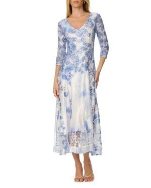 Komarov Border Print Charmuese Dress With Lace Sleeves - Blue