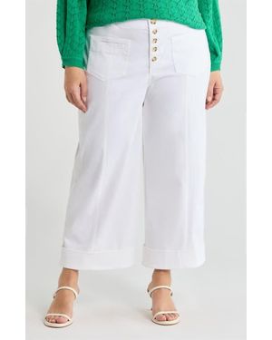 Wit & Wisdom Skyrise Exposed Button Cuffed Wide Leg Twill Pants - White