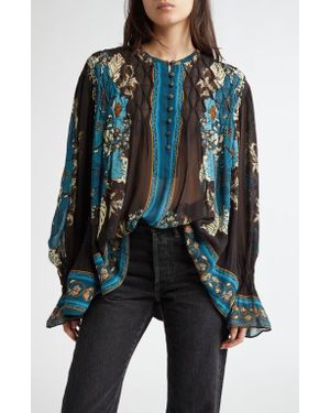 FARM Rio Floral Tapestry Smocked Viscose Blouse - Black