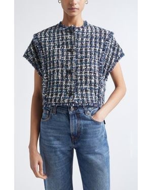 St. John Fringe Cap Sleeve Check Tweed Jacket - Blue