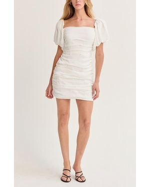 Crescent Puff Sleeves Ruched Mini Dress - Natural