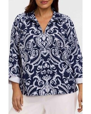 Foxcroft Agnes Florentine Print Three-Quarter Sleeve Cotton Popover Top - Blue