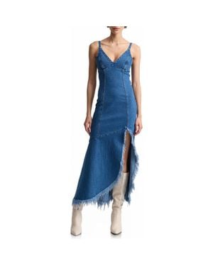 Avec Les Filles Frayed Hem Denim Maxi Dress - Blue
