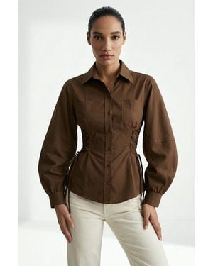 Exquise Arcene Fitted Waist Balloon Sleeve Shirt - Brown