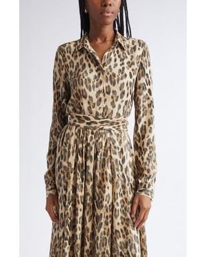 St. John Leopard Print Silk Georgette Button-Up Shirt - Natural
