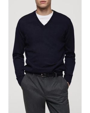 Mango V-Neck Wool Sweater - Blue
