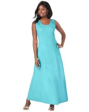 Jessica London Stretch Cotton Crochet-Back Maxi Dress - Blue