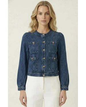 Modenaire Button Front Utility Pocket Denim Jacket - Blue