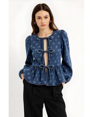 Modenaire Denim Top With Bow-Front And Puffed Sleeves - Blue