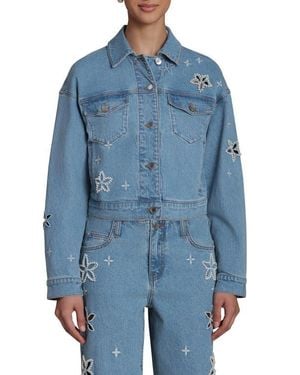 Avec Les Filles Faux Pearl Floral Denim Jacket - Blue