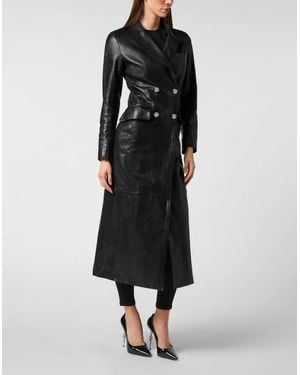 Philipp Plein Double-Breasted Leather Long Coat Embossed Signature - Black