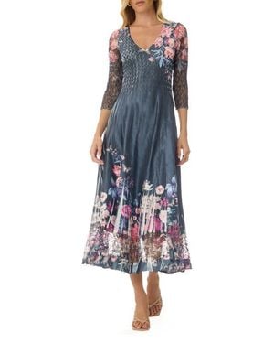 Komarov Floral Charmuese Dress With Lace Sleeves - Blue