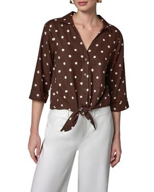 Donna Karan Polka Dot Linen Blend Tie Front Top - Brown
