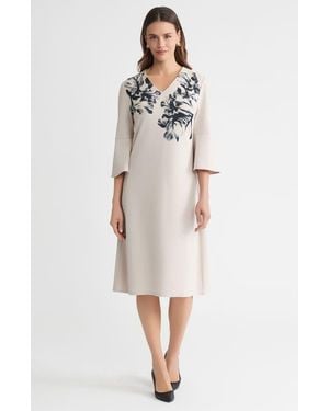 Ming Wang A-Line Floral Printed Stretch Deco Crepe Dress - Natural
