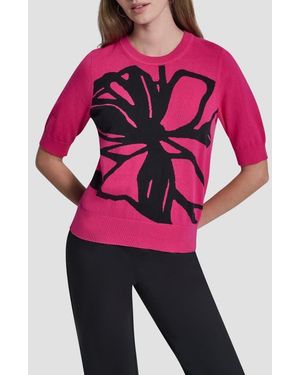 DKNY Graffiti Floral Jacquard Short Sleeve Sweater - Pink
