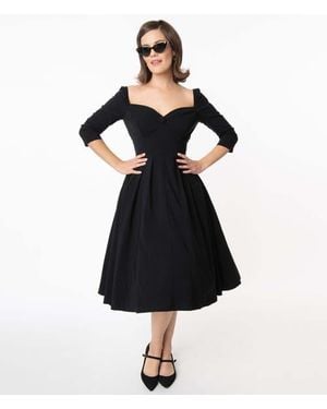 Unique Vintage Woven Sweetheart Neckline Lamar Swing Dress - Black