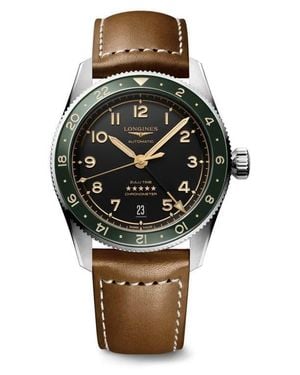 Longines Spirit Zulu Time Gmt Automatic Leather Strap Watch, 39Mm - Black