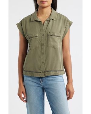 Cloth & Stone Openwork Detail Short Sleeve Button-Up Shirt - Green