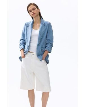 H&M Gathered-Sleeve Denim Blazer - Blue