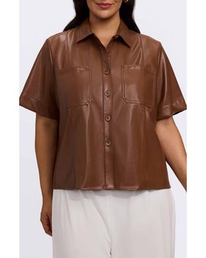 Foxcroft Demi Elbow Sleeve Faux Leather Button-Up Shirt - Brown