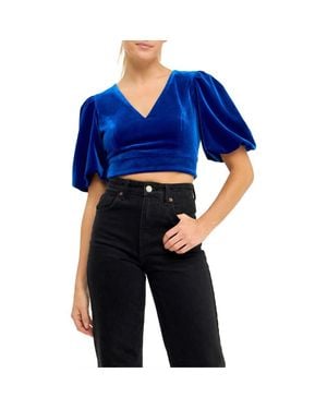 Endless Rose Puff Sleeve Velvet Crop Top - Blue