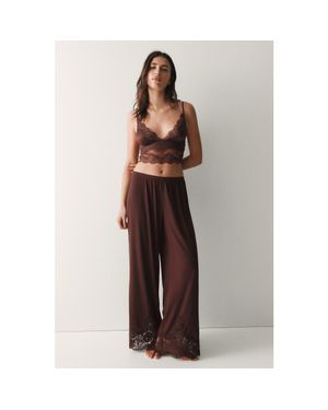 H&M Lace-Trimmed Pajama Pants - Brown