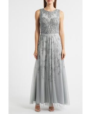 Pisarro Nights Beaded Mesh Gown With Jacket - Gray