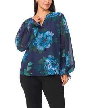 Vince Camuto Floral Print Split Neck Top - Blue