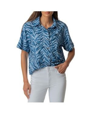Kut From The Kloth Aida Stretch Cotton Blend Short Sleeve Button-Up Top - Blue