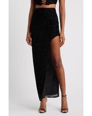 Nasty Gal Leopard Velvet Burnout Side Slit Skirt - Black