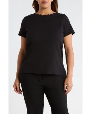 Anne Klein Scallop Jewel Neck Stretch Cotton T-Shirt - Black