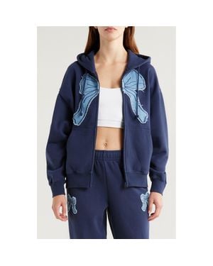 PacSun Denim Appliqué Zip-Up Cotton Blend Hoodie - Blue