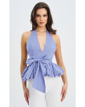 Miss Circle Ilene Checkered Bubble Hem Halter Top - Blue