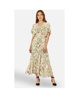 Yumi' Floral Print Ruched Waist Midi Dress - Metallic